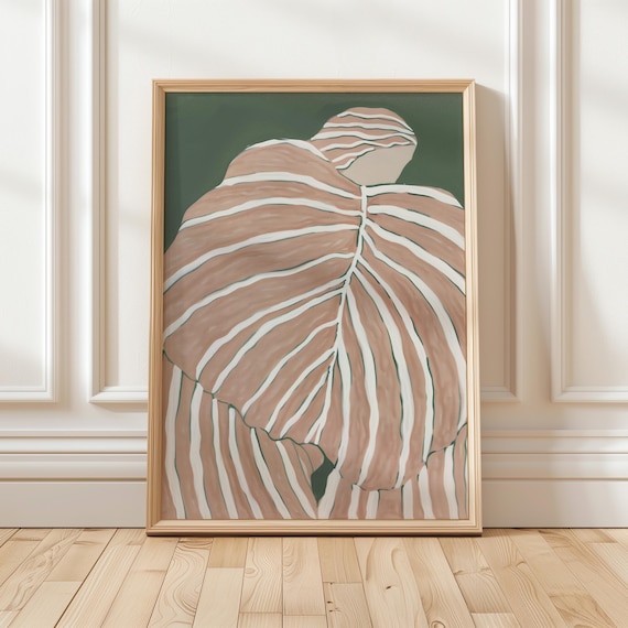 Blush Pink Striped Tropical Leaf on Deep Green Botanical Poster