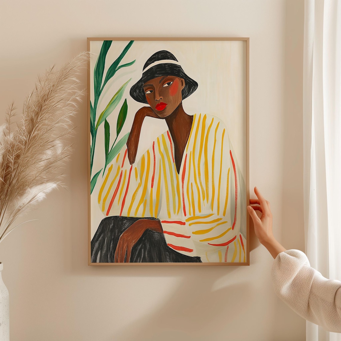Woman in Black Hat and Striped Blouse Botanical Fashion Poster