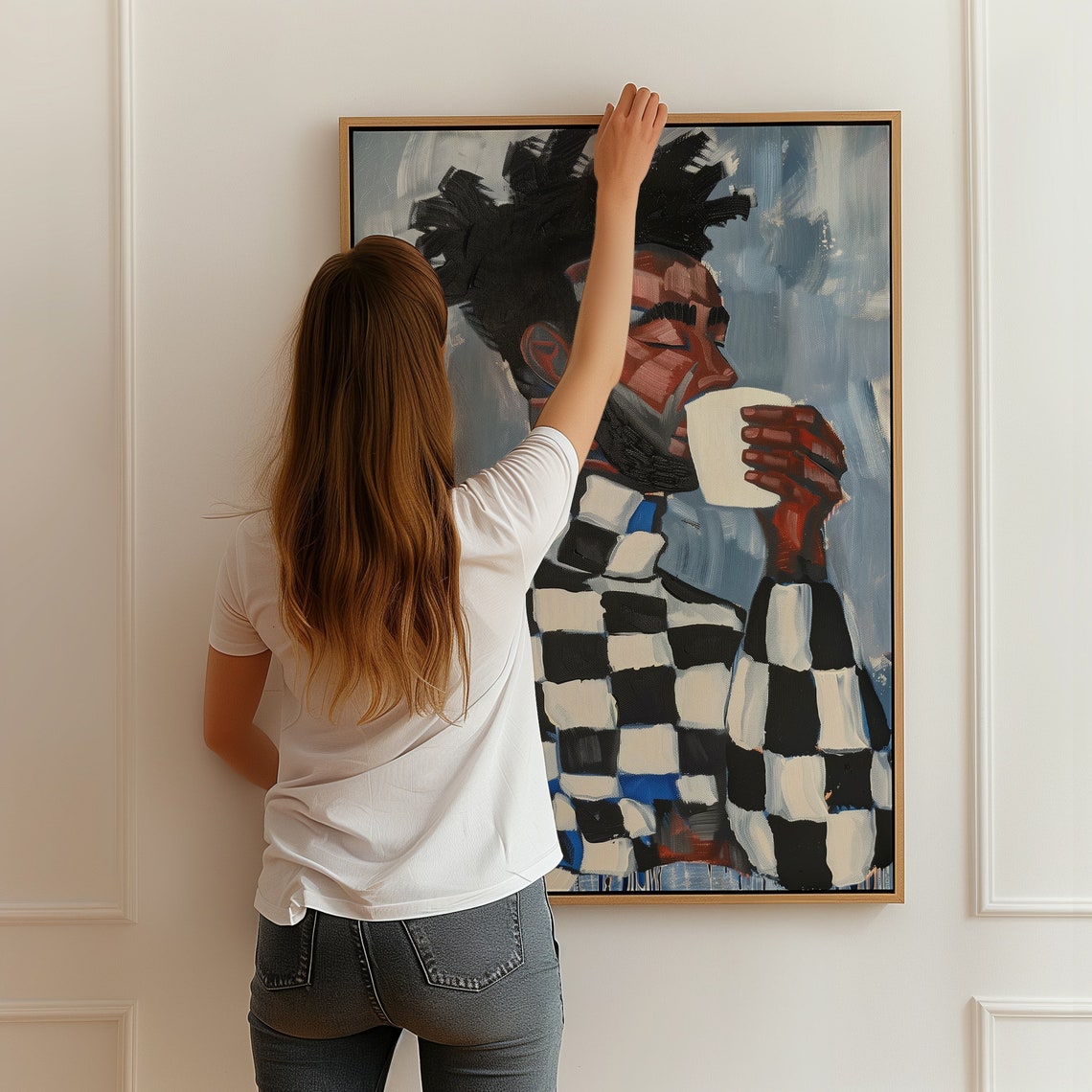 Abstract Man Drinking Coffee Checkered Sweater Contemporary Art Poster - Image 2