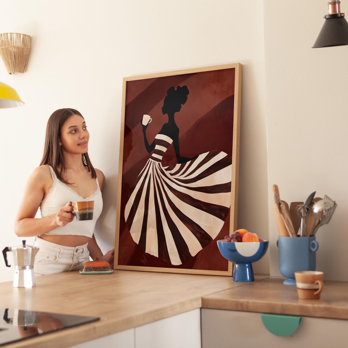 Coffee Silhouette, Striped Dress Woman Illustration - Image 3