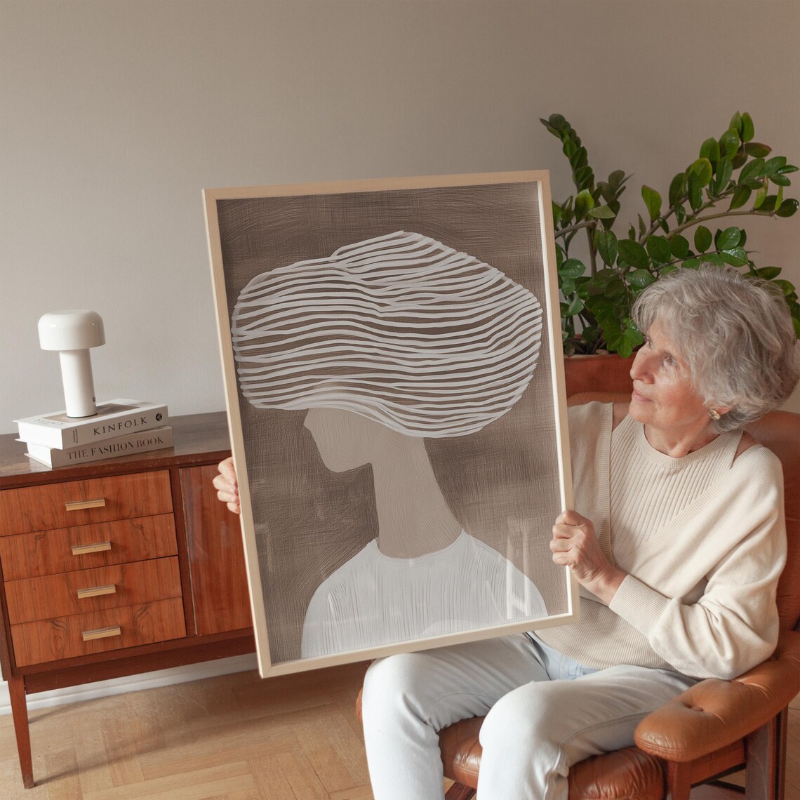 Minimalist Woman With Big Striped Hat Line Art Beige Portrait Poster - Image 4