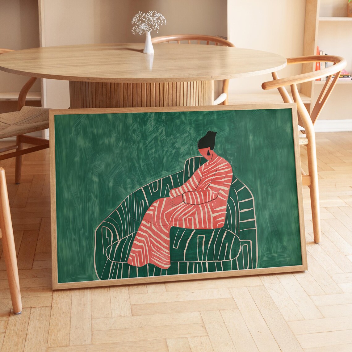Woman in Red Lounging on Green Striped Sofa Modern Art Poster - Image 4