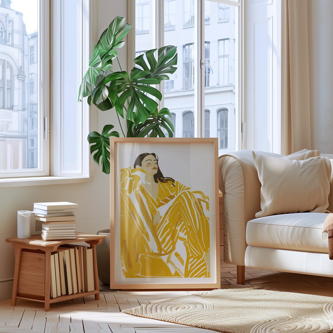 Yellow Striped Robe Woman Portrait Modern Yellow Figure Poster - Image 2