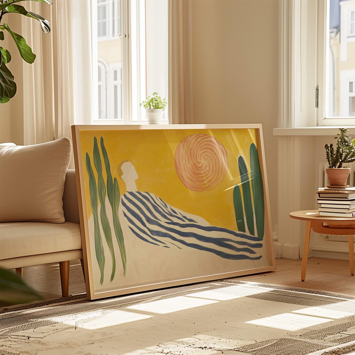 Abstract Desert Figure Reclining in Stripes Under Yellow Sun Poster - Image 3