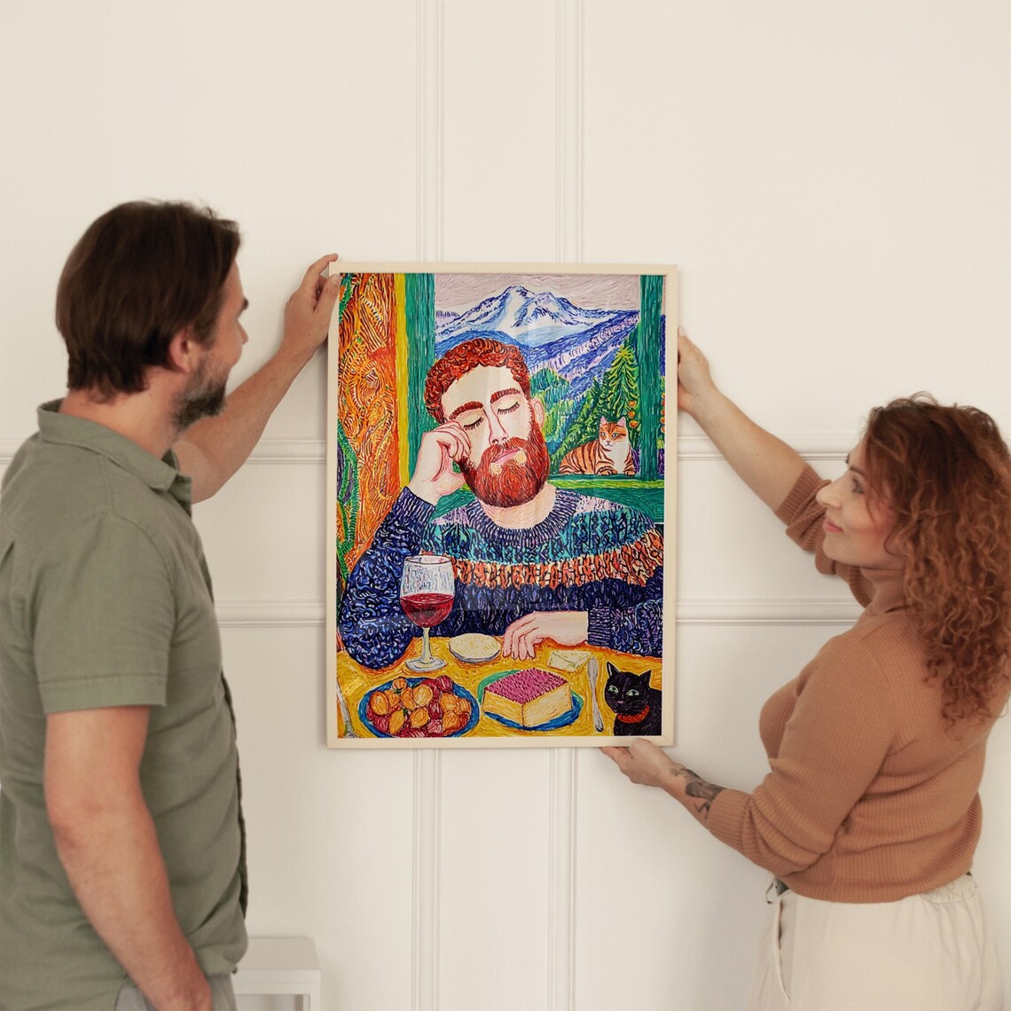Van Gogh Style Bearded Man with Wine Cats Mountain Scene Poster - Image 2