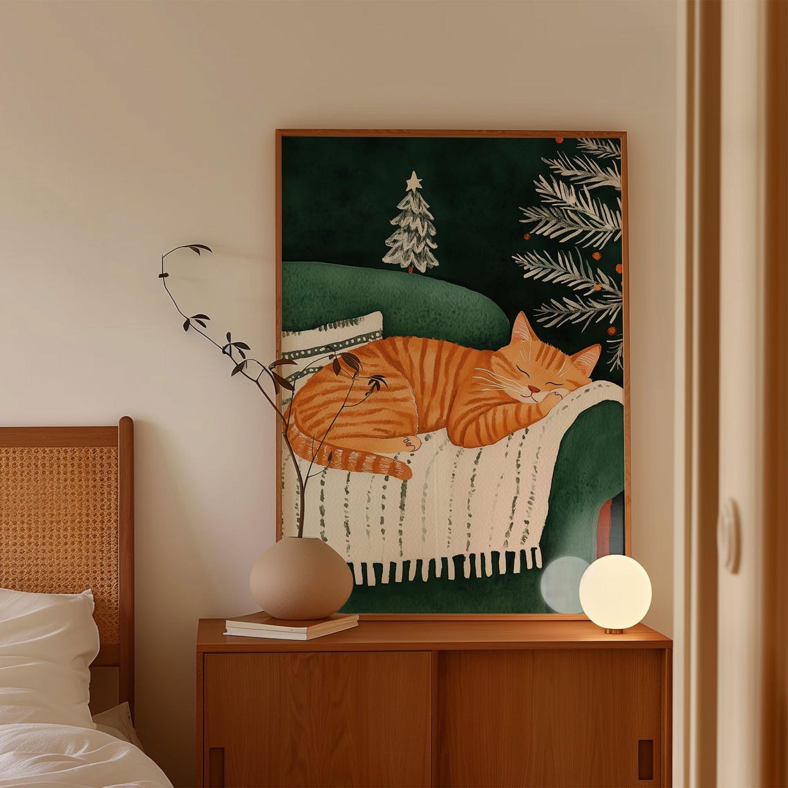 Sleeping Orange Tabby Cat on Green Armchair Christmas Poster - Image 4