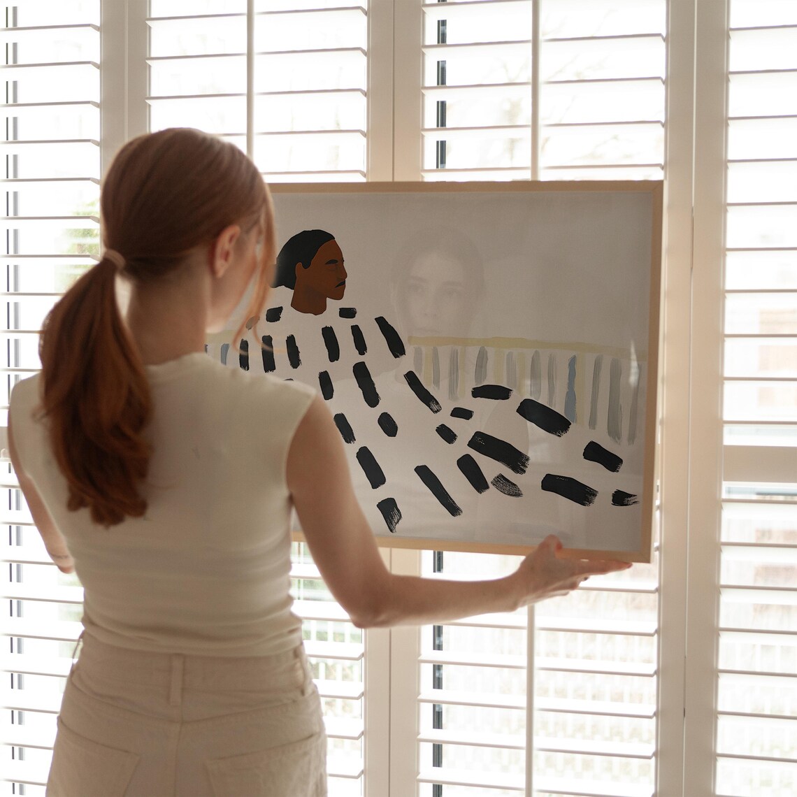 Woman in Bold Black Brushstroke Dress Beside Tall Cactus Poster - Image 3