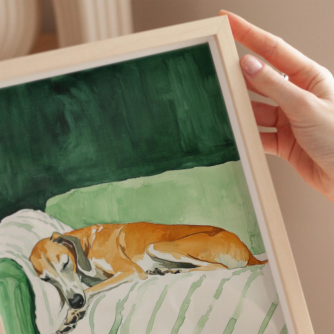 Sleeping Greyhound Dog Watercolor Cozy Green Couch Pet Art Poster - Image 4