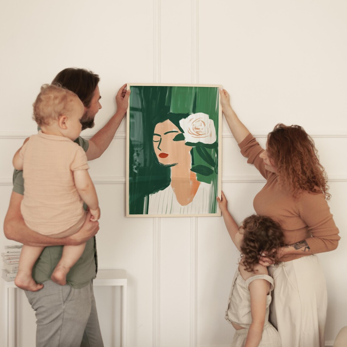Woman With White Rose In Hair Emerald Green Minimalist Portrait Poster - Image 4