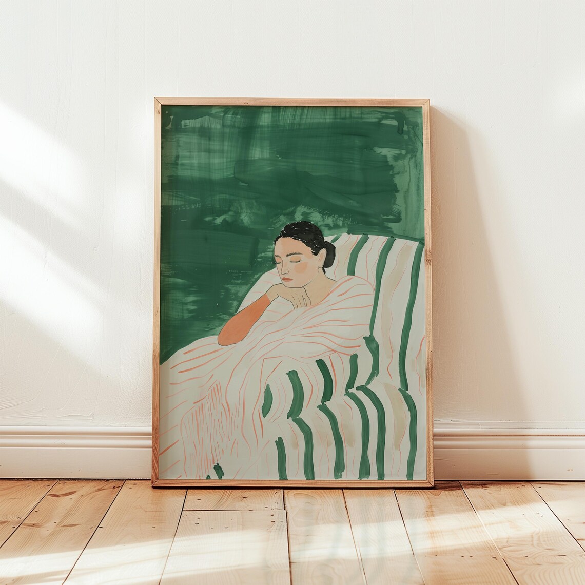 Reclining Woman In Striped Robe Emerald Green Minimalist Painting Poster - Image 4