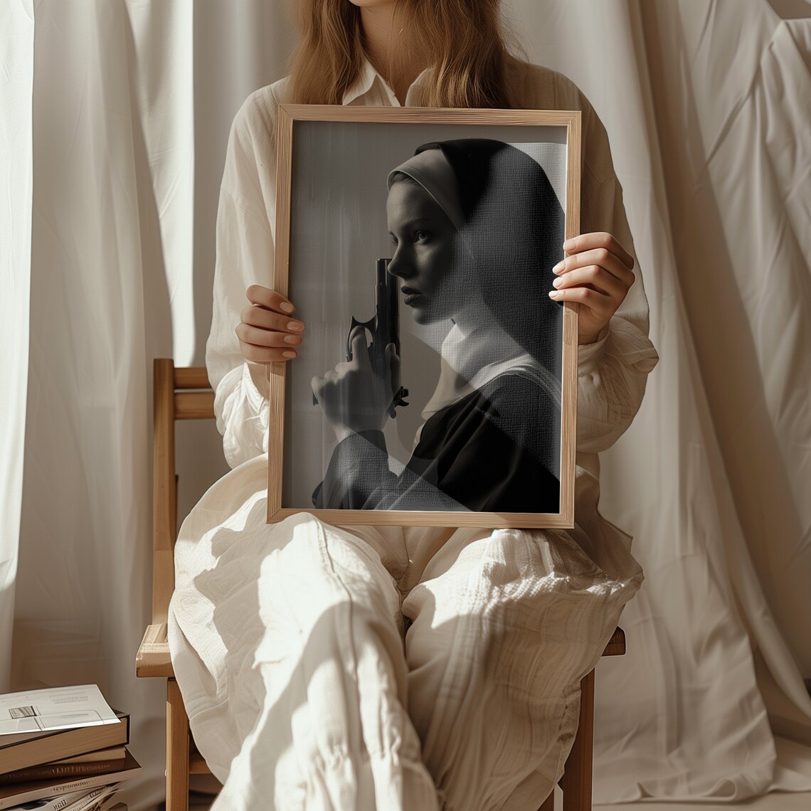Nun Holding Gun Black And White Cinematic Photographic Art Poster - Image 3
