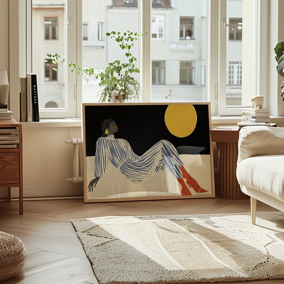 Bold Modern Woman Art Print Abstract Blue And White Striped Outfit Minimalist Yellow Moon Contemporary Fashion Inspired Artwork - Image 3