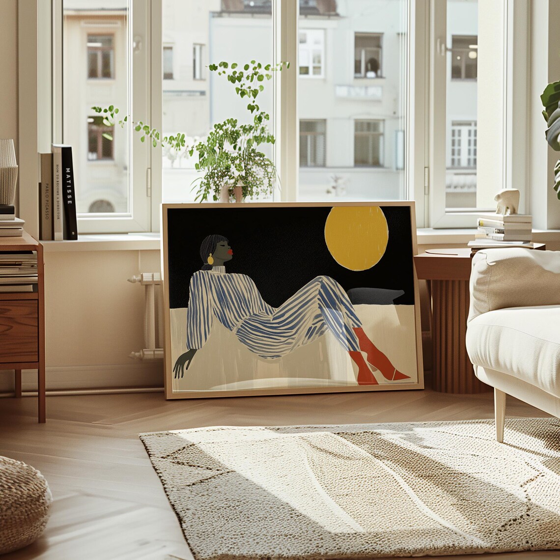 Woman in Striped Jumpsuit Reclining Under a Yellow Moon Poster - Image 3
