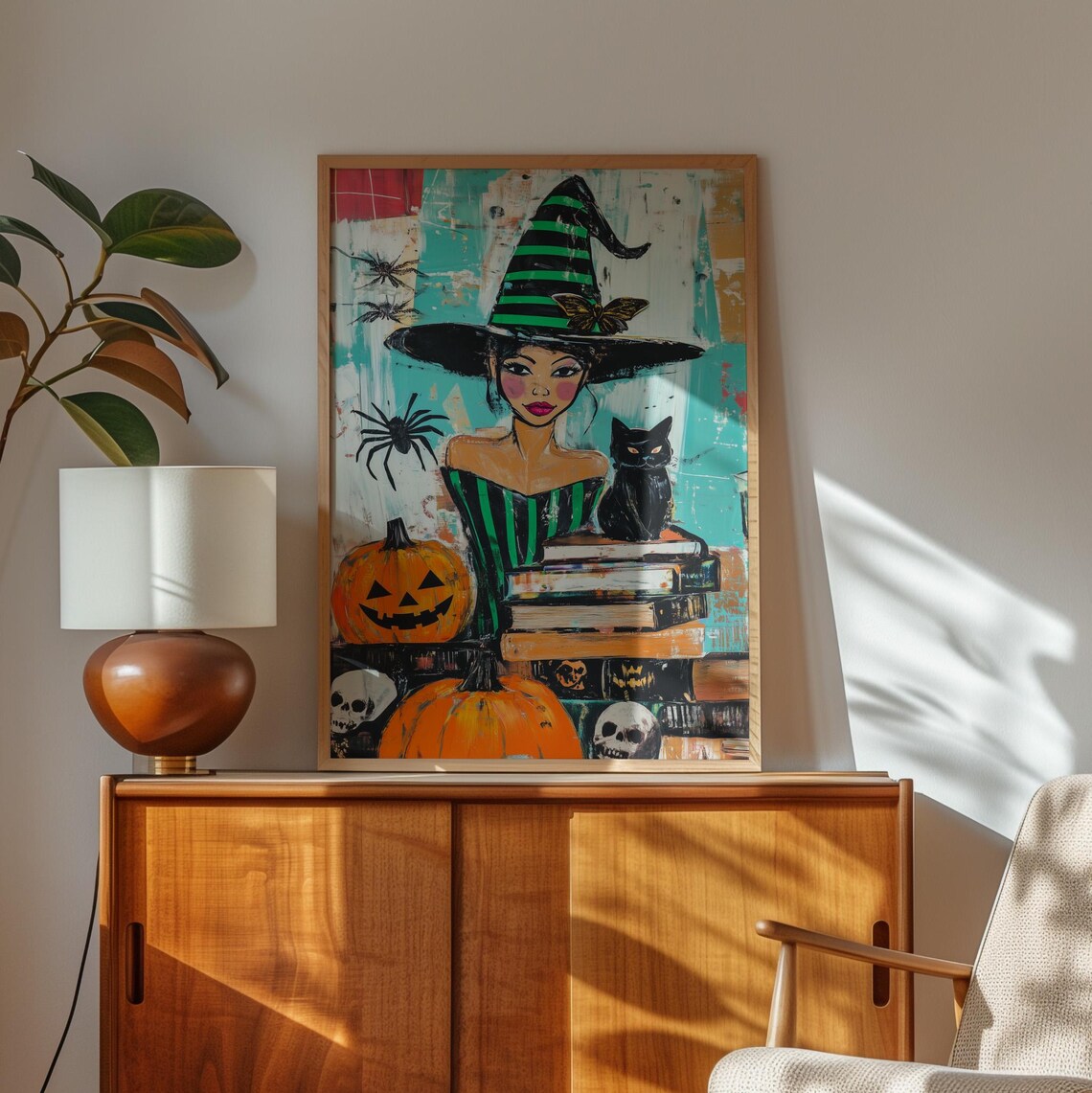 Halloween Witch Portrait Black Cat Pumpkins Skulls Spell Books Spooky Art Poster - Image 2