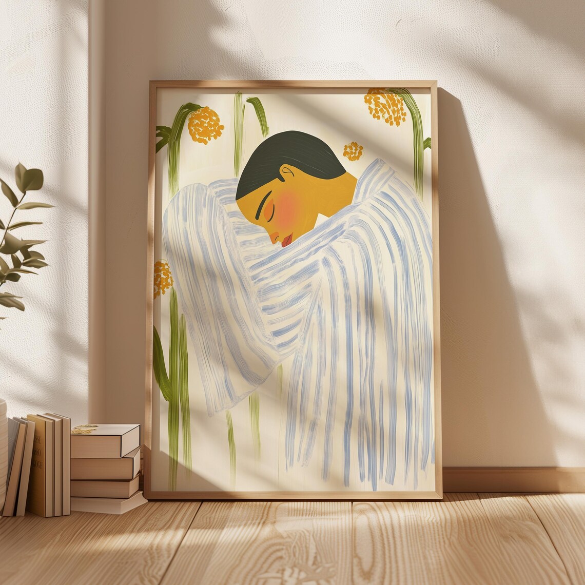Sleeping Figure in a Blue Striped Robe Among Marigold Flowers Poster