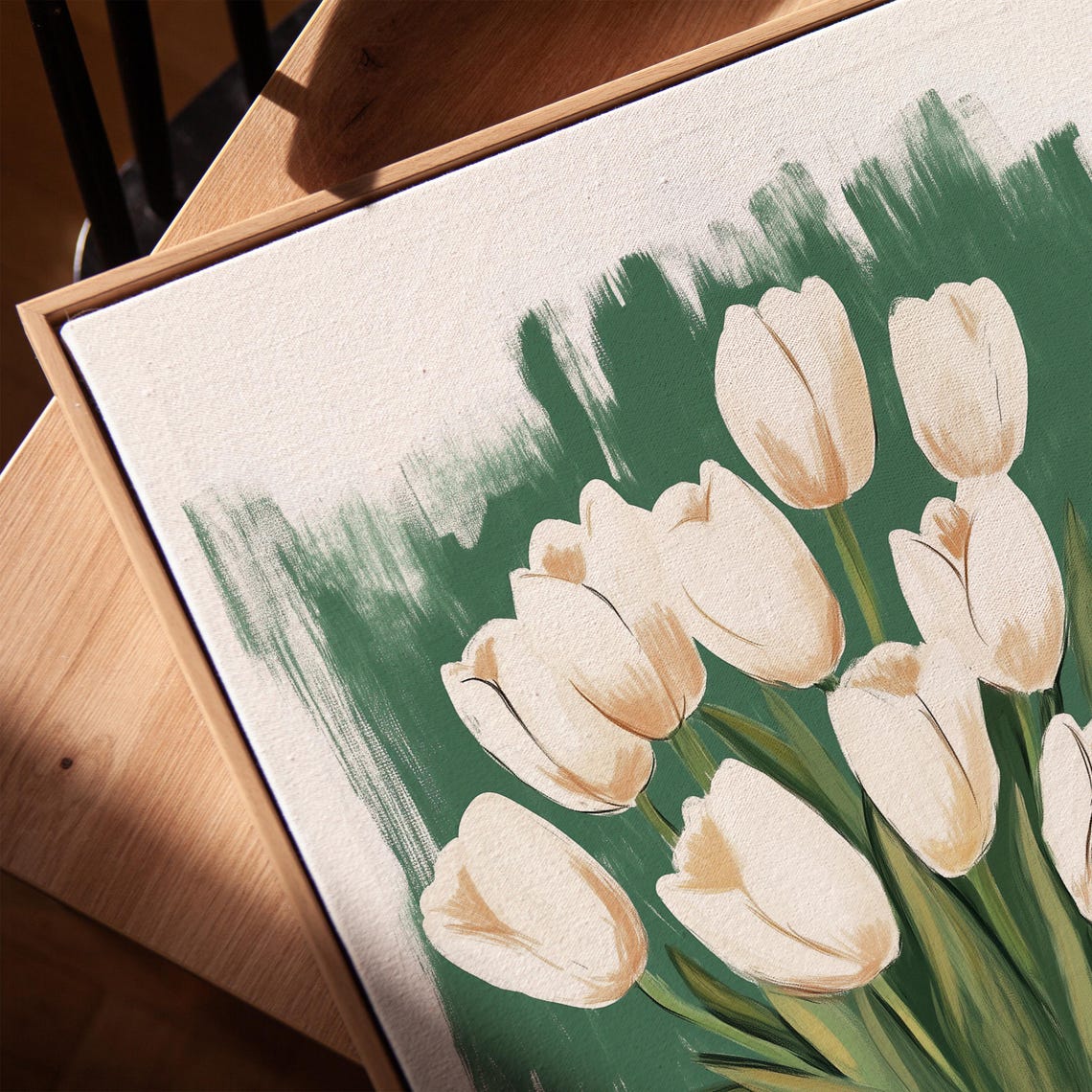 White Tulips in Vase Green Brushstroke Floral Painted Poster - Image 4