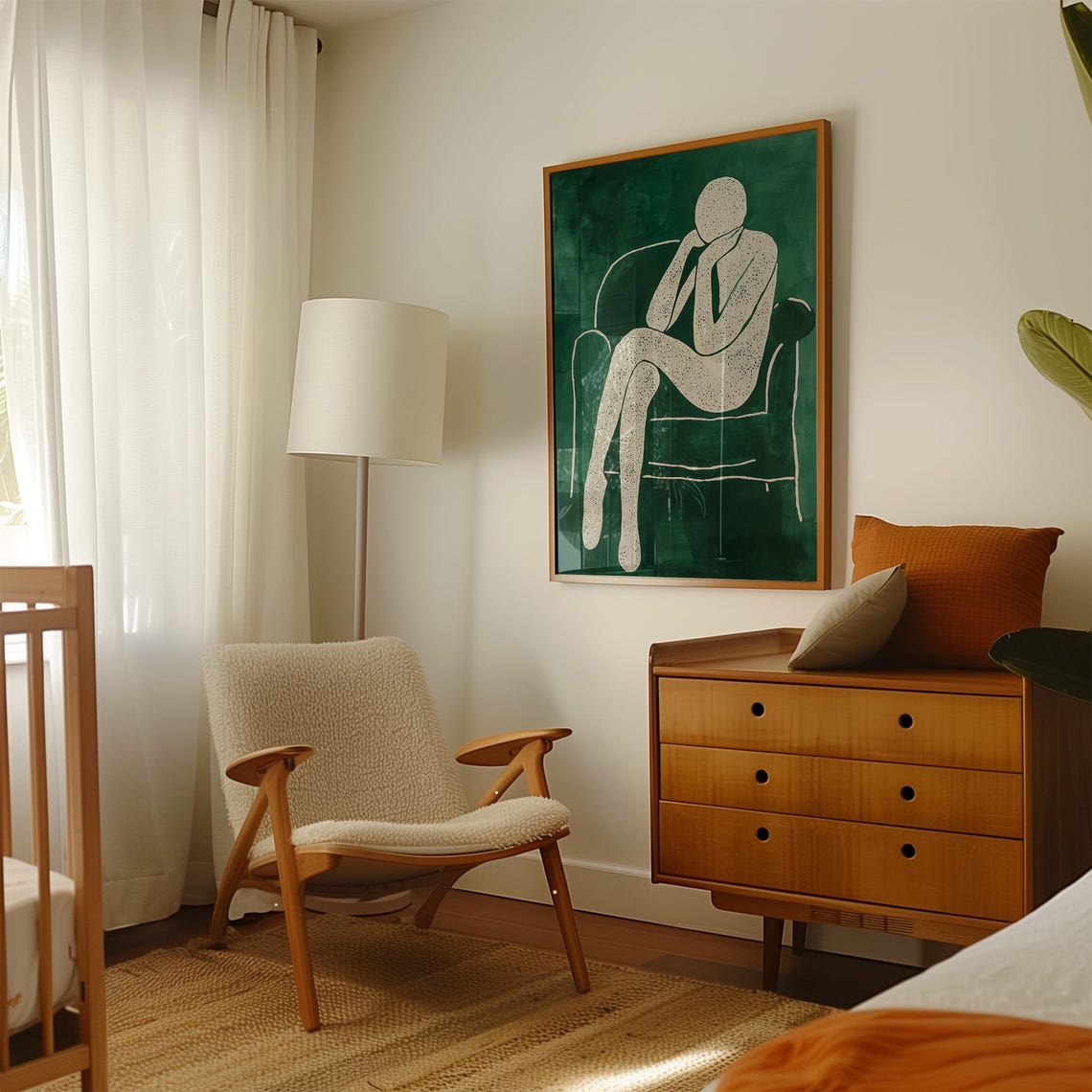 Minimalist White Contemplative Figure Resting on Deep Green Poster - Image 4