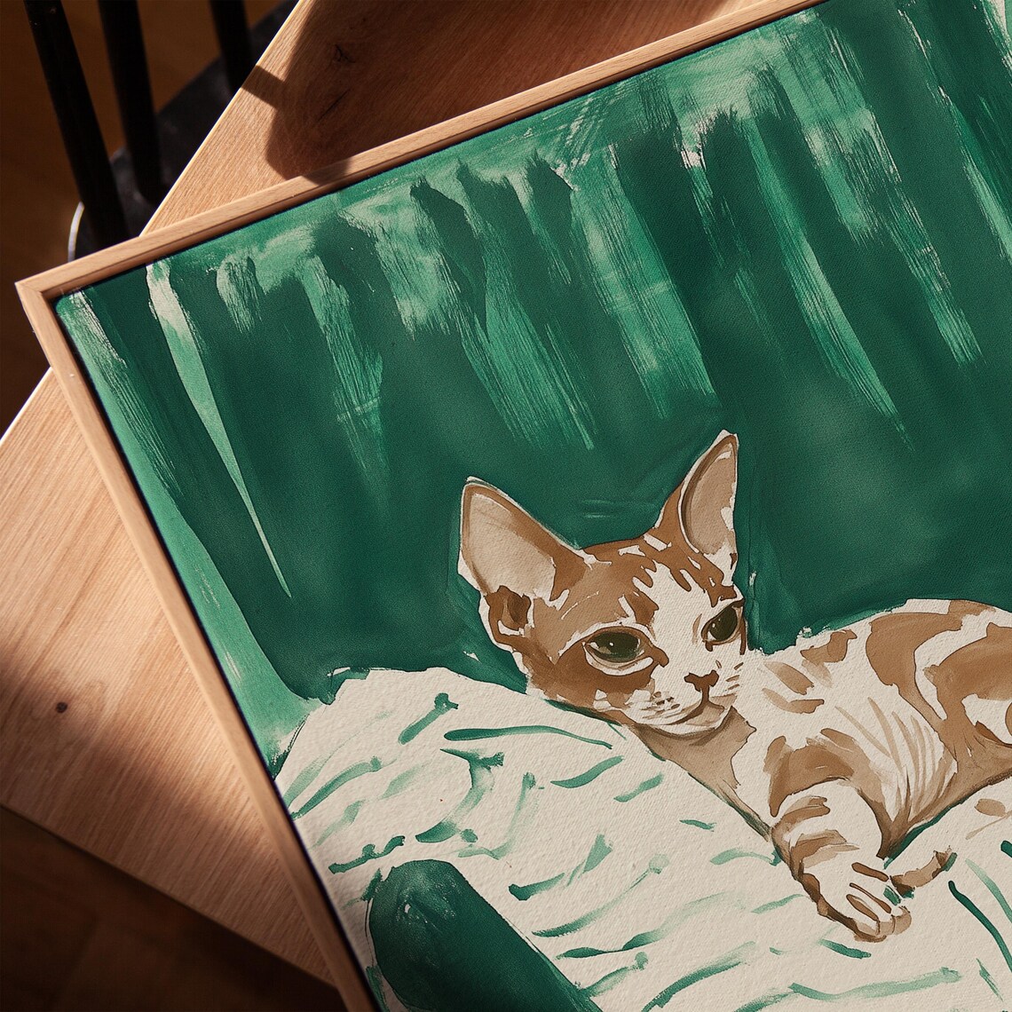 Relaxed Cat Art, Green Living Room Decor - Image 3