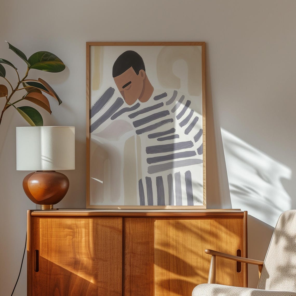 Man Abstract Portrait Print Modern Minimalist Wall Art Striped Shirt Illustration Neutral Tones Contemporary Decor - Image 3