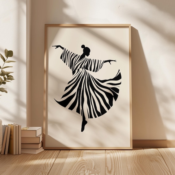 Dancer Silhouette Flowing Zebra Striped Dress Black Cream Poster