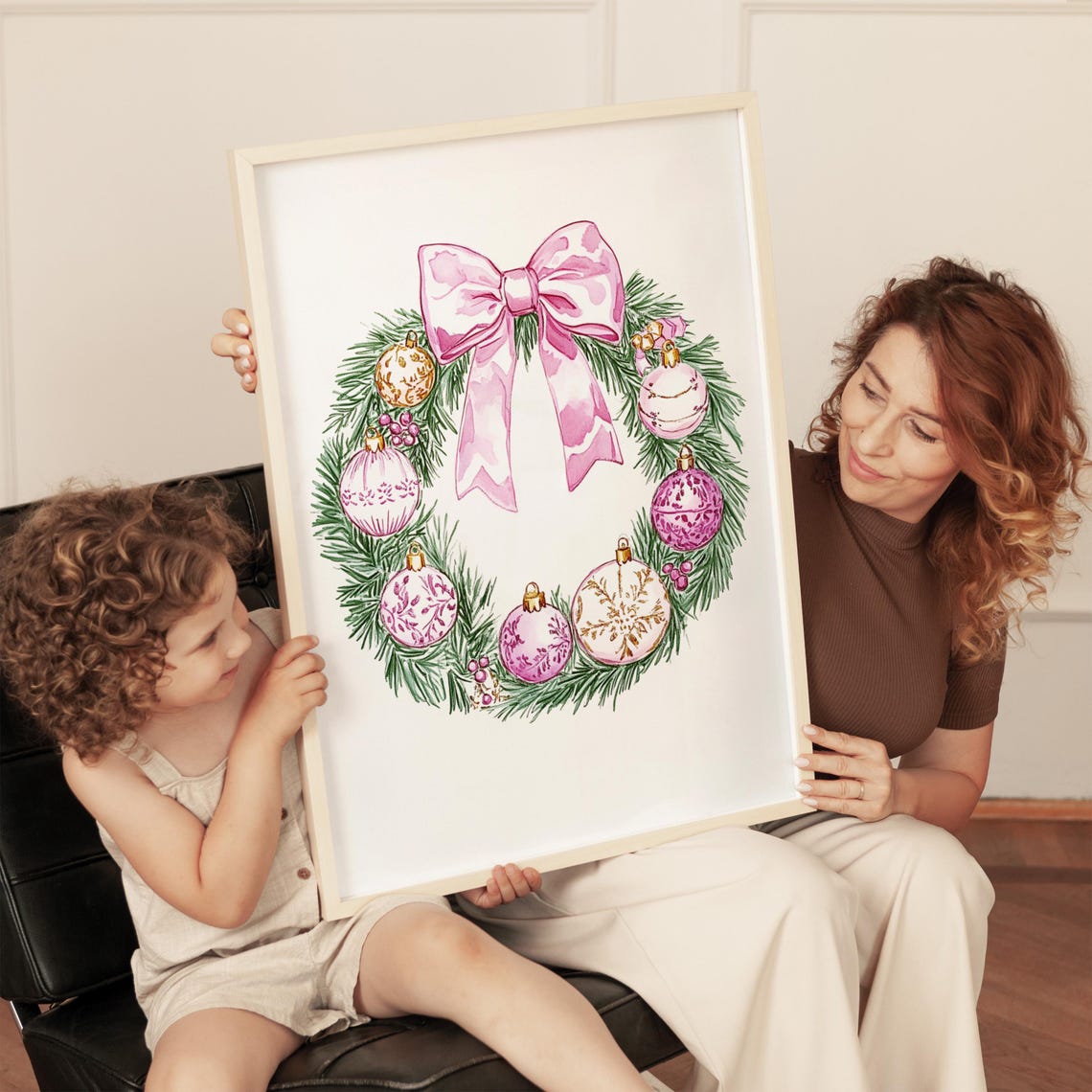 Pink Christmas Wreath With a Big Bow and Pastel Ornaments Poster - Image 2