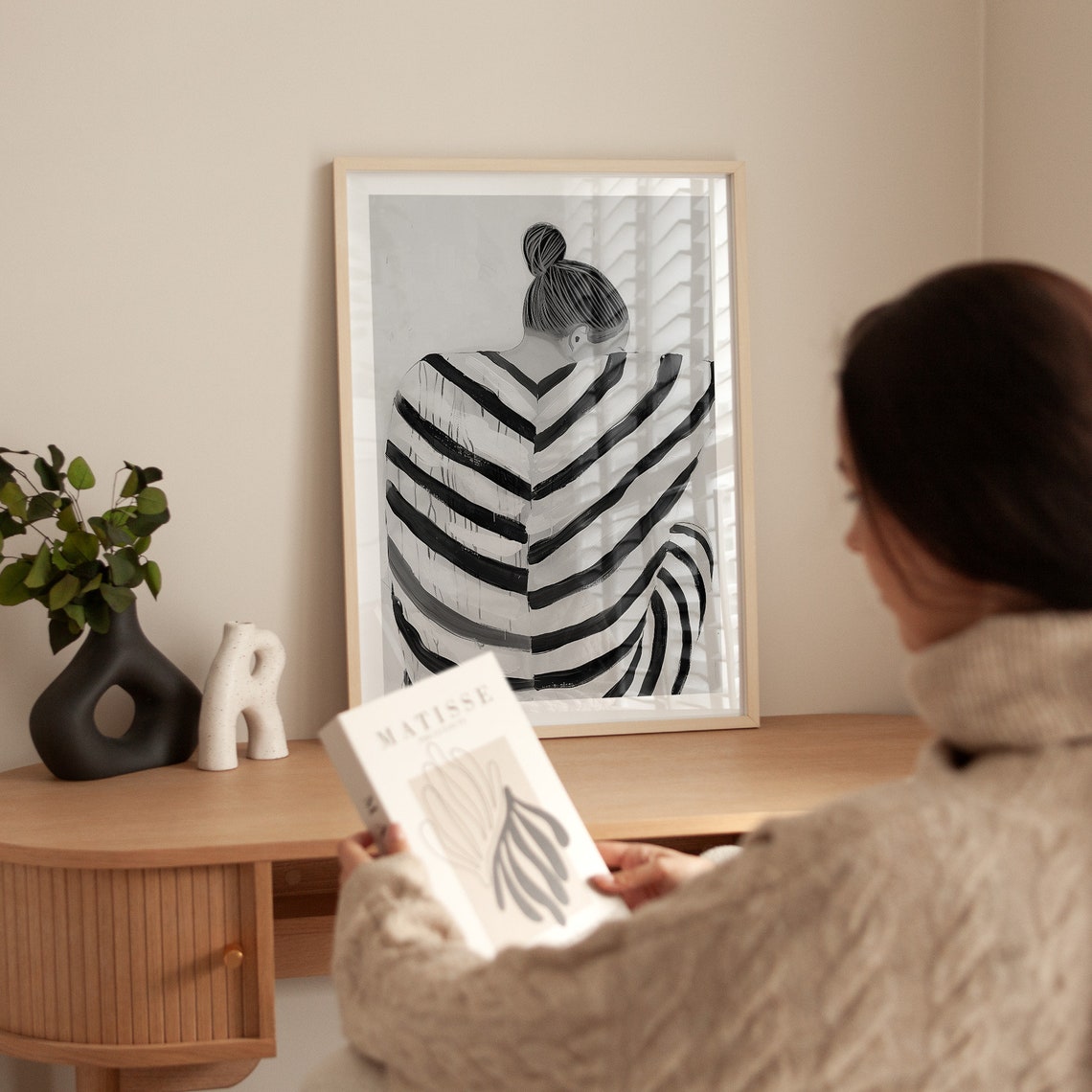 Woman Back View Hair Bun Striped Top Monochrome Brushstroke Art Poster - Image 2