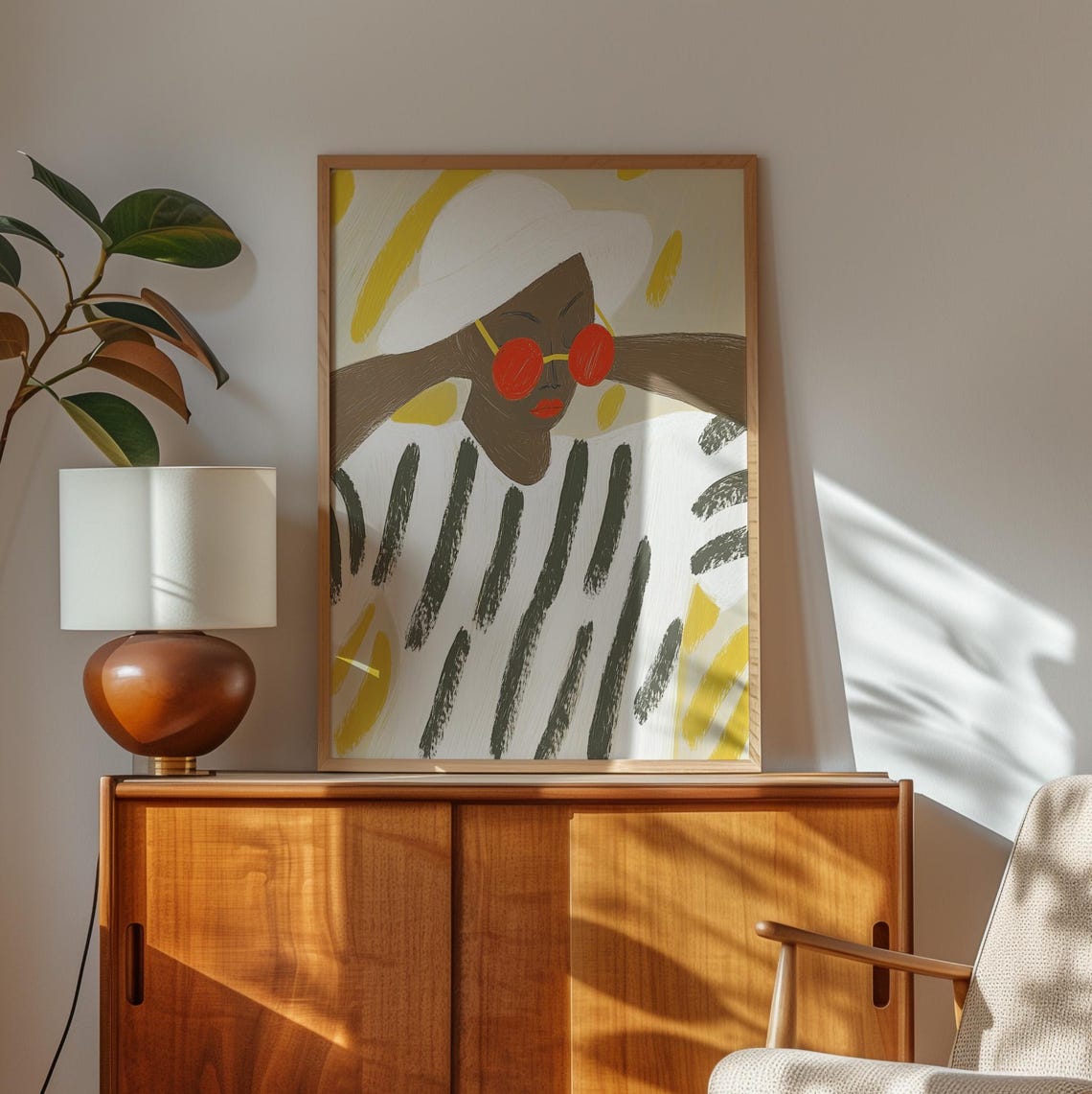 Woman With Red Sunglasses And White Hat In Striped Robe Art Poster - Image 2