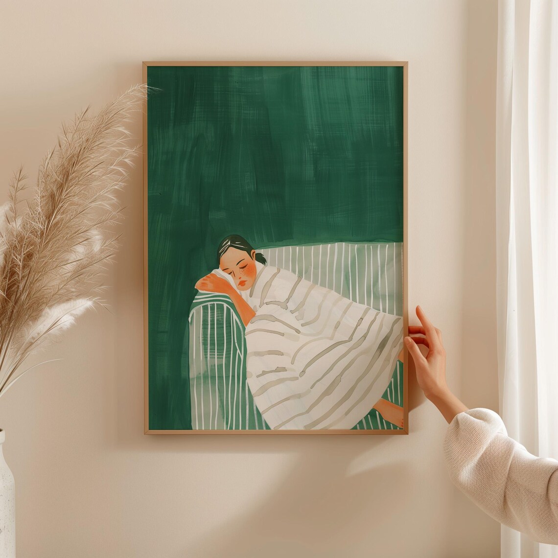Peaceful Sleeping Woman Portrait Green Background Cozy Rest Poster