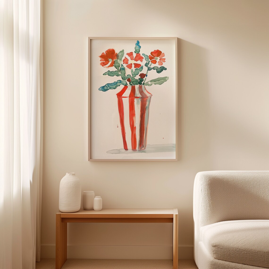 Red Watercolor Flowers in a Tall Striped Red Vase Floral Poster - Image 3