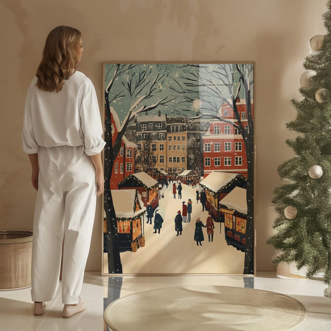 Retro Christmas Market Square Snowy Vintage Mid Century Holiday Poster - Image 4