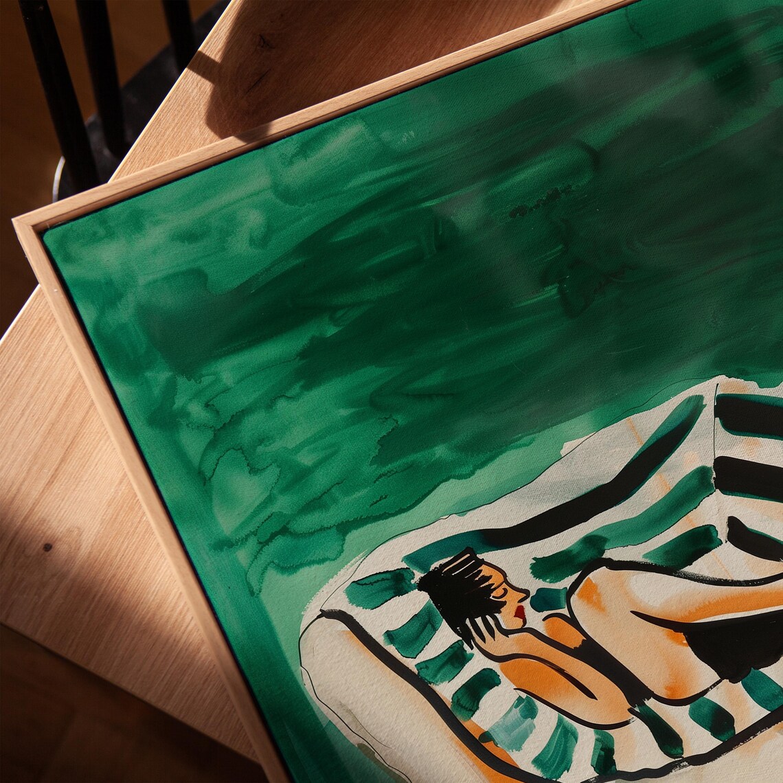 Woman Lounging on Striped Sofa Green Modern Relaxation Poster - Image 3