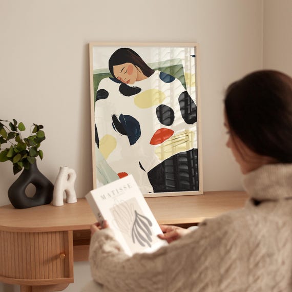 Abstract Polka Dot Portrait Print Modern Minimalist Woman Illustration Cozy Wall Art Colorful Home Decor Bold Accents