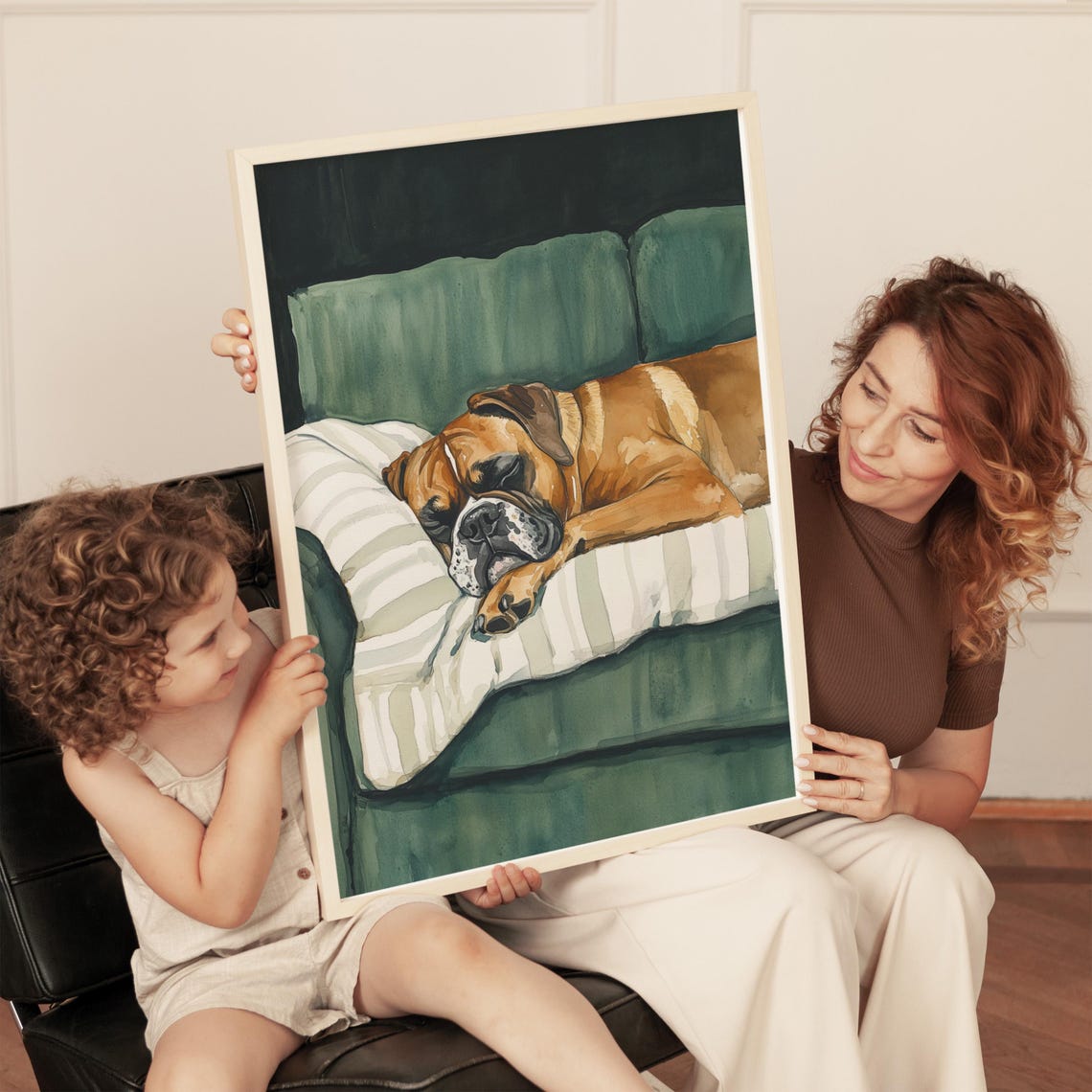 Boxer Dog Sleeping On Striped Pillow Green Couch Watercolor Poster