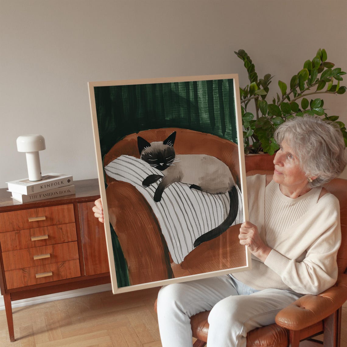 Sleeping Siamese Cat on Striped Pillow Cozy Watercolor Poster - Image 3