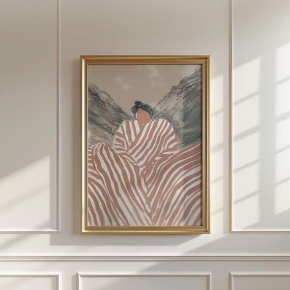 Abstract Woman In Stripes Art Print Minimalist Mountain Landscape Neutral Toned Wall Decor Modern Home Design Tranquil And Stylish Art