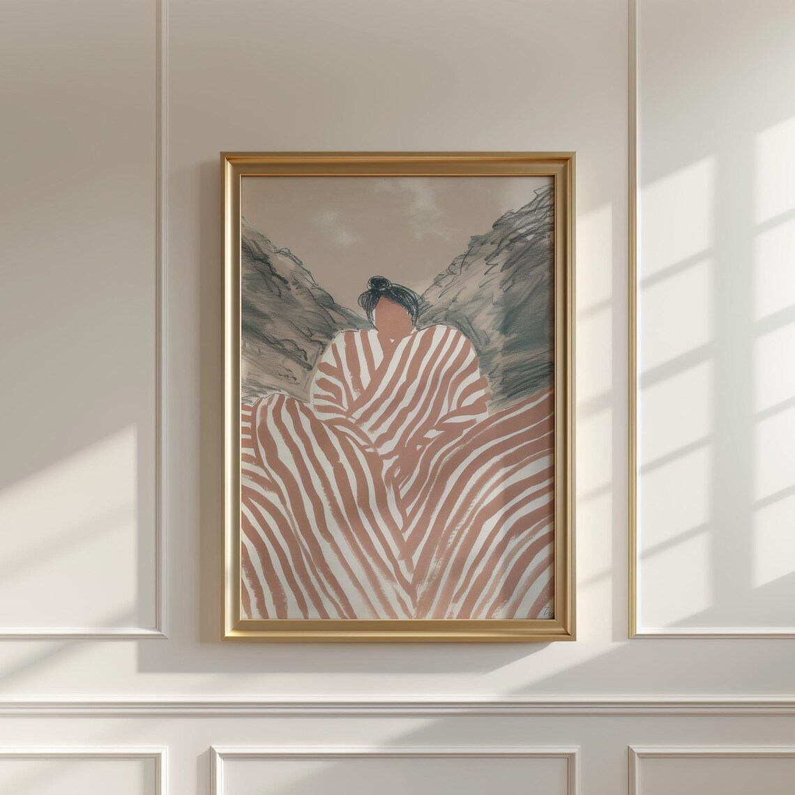 Woman Terracotta Striped Dress Mountain Landscape Contemplative Poster