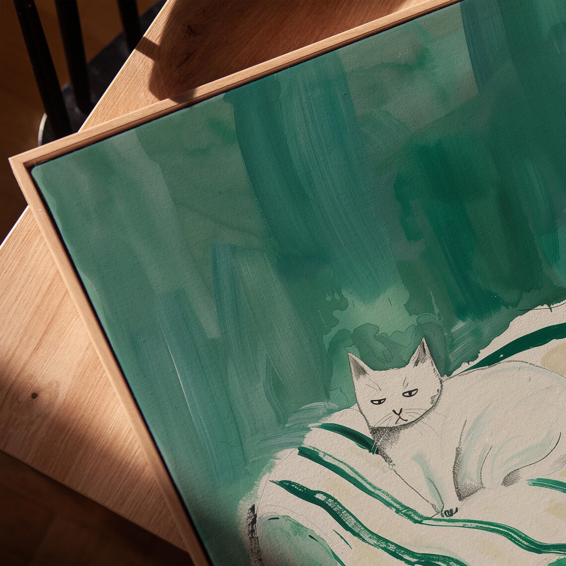 Sleeping White Cat On Striped Cushion Green Armchair Moody Emerald Art Poster - Image 4