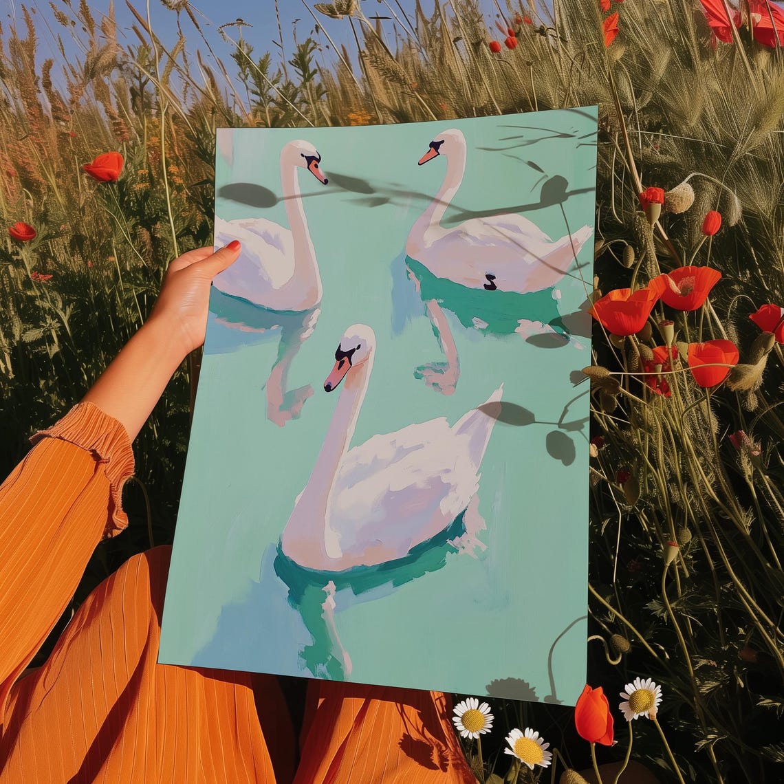 Three White Swans Floating on a Mint Green Lake Watercolor Poster - Image 4