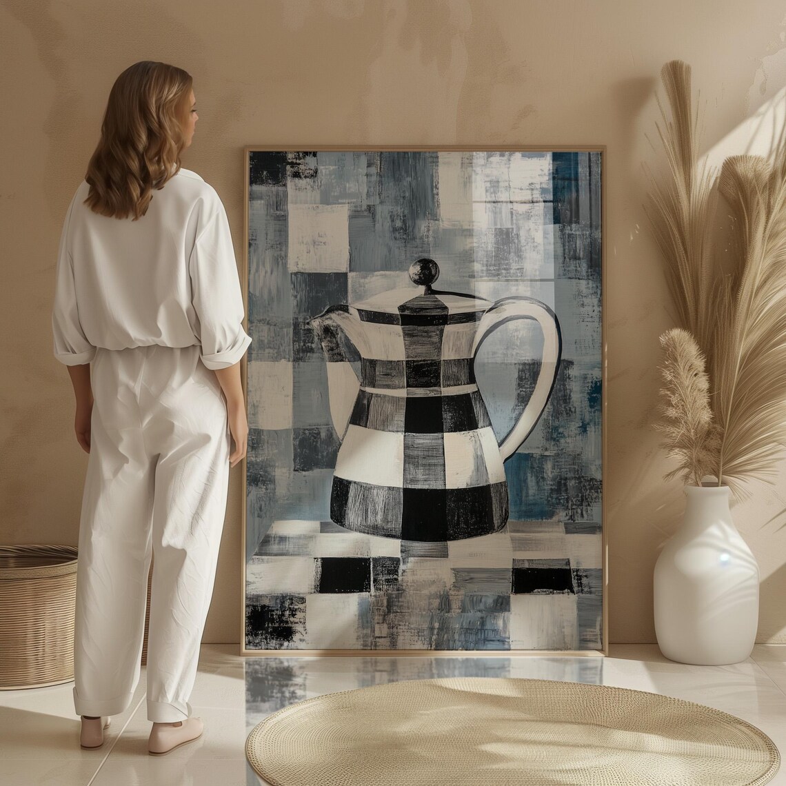 Black And White Checkered Teapot On A Modern Abstract Background Print - Image 4