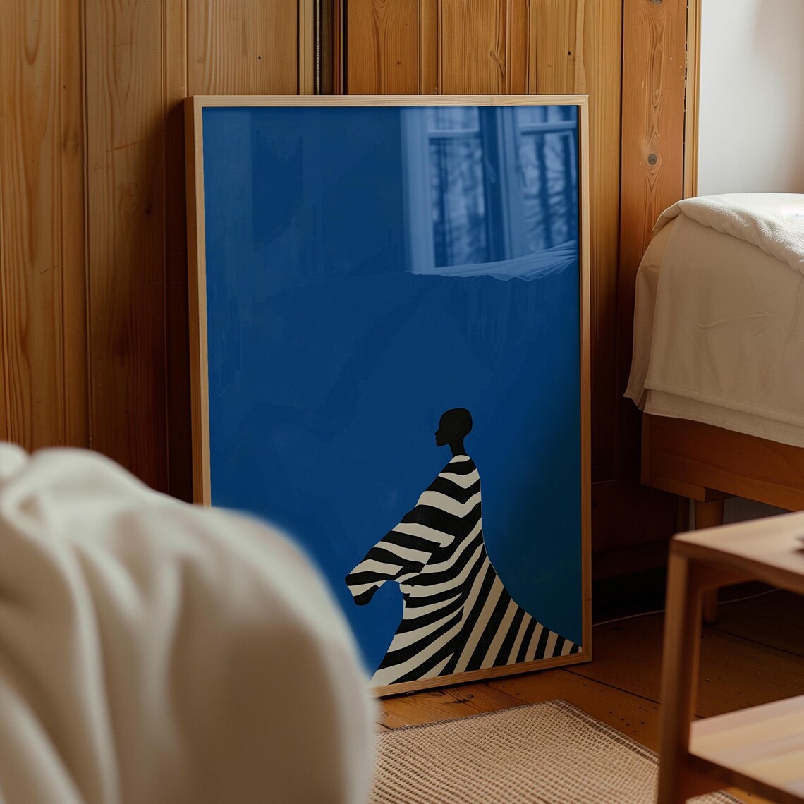 Striped Blanket Woman Silhouette Electric Blue Minimalist Art Poster - Image 3