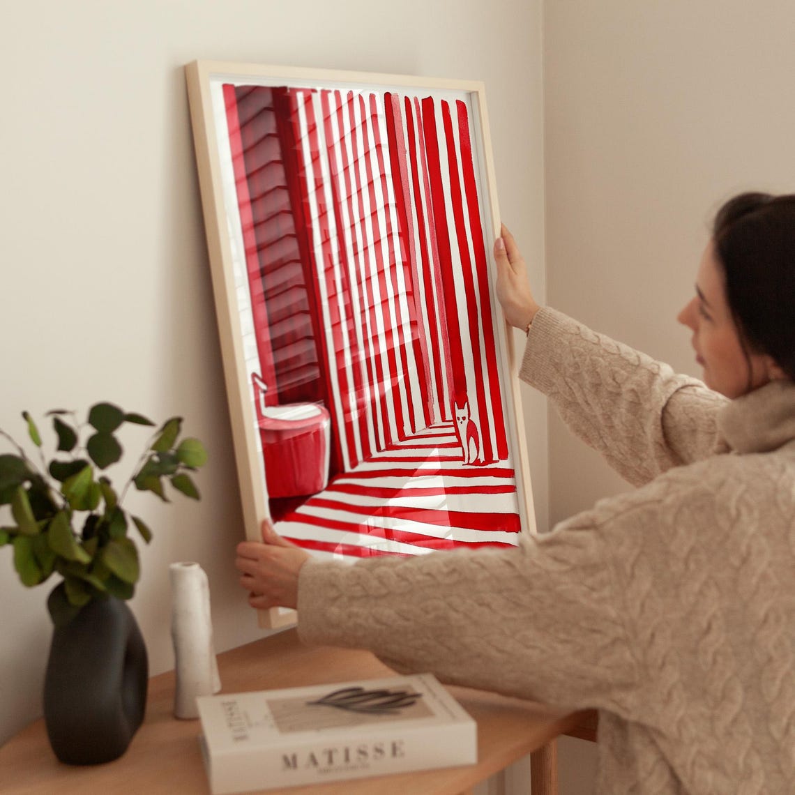 Tiny Red Cat In Striped Red Corridor Whimsical Optical Wall Art - Image 2