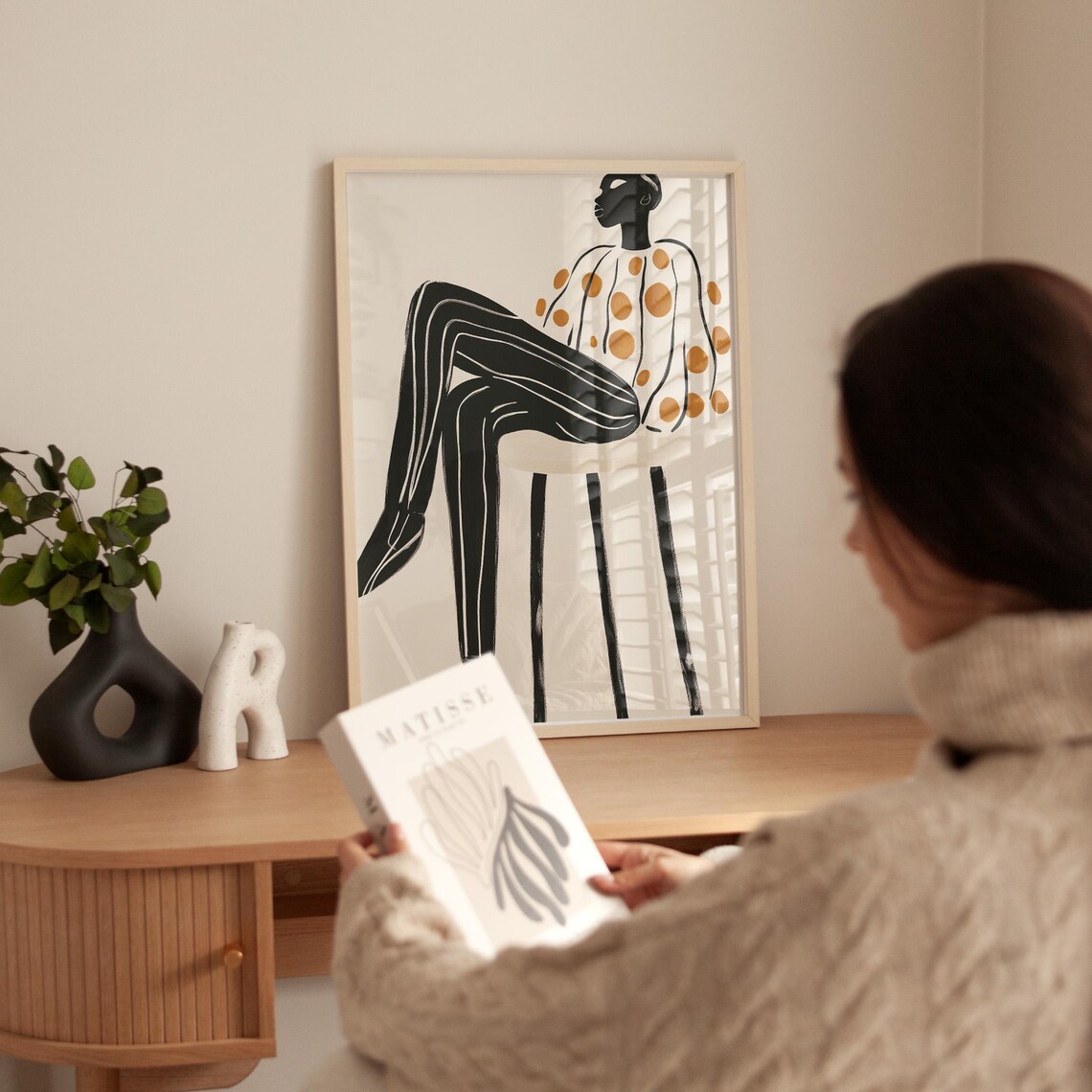 Minimalist Seated Figure, Striped Pants & Polka Dots Art Print - Image 2