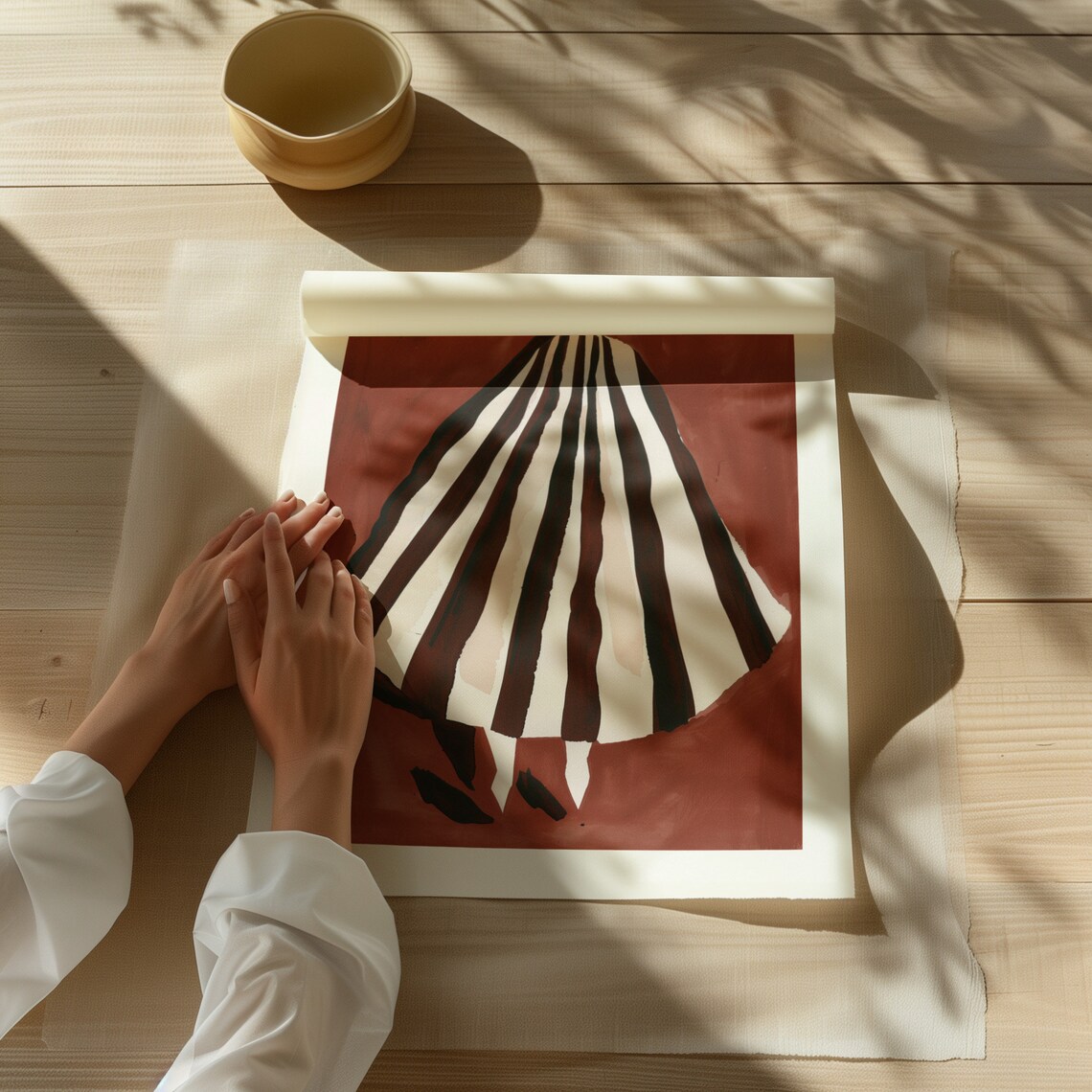 Abstract Woman Striped Dress Deep Red Background Modern Art Poster - Image 3