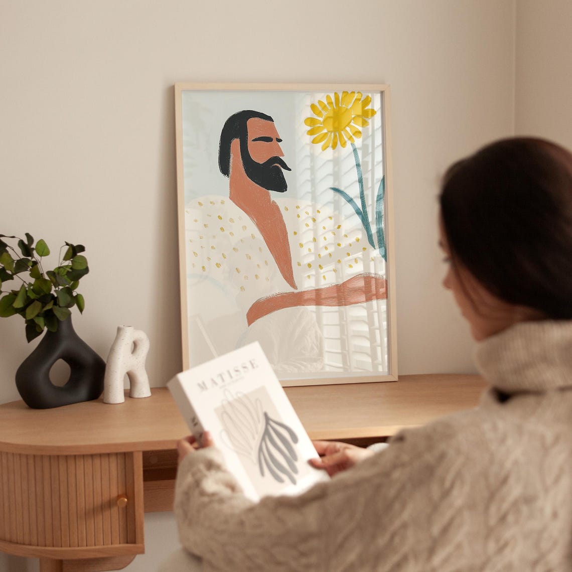 Bearded Man Profile With Yellow Sunflower And Dotted Robe Art Poster - Image 5