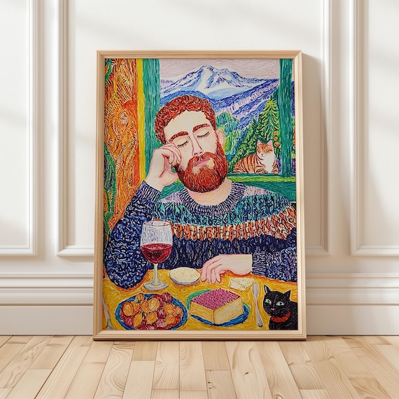 Van Gogh Style Bearded Man with Wine Cats Mountain Scene Poster