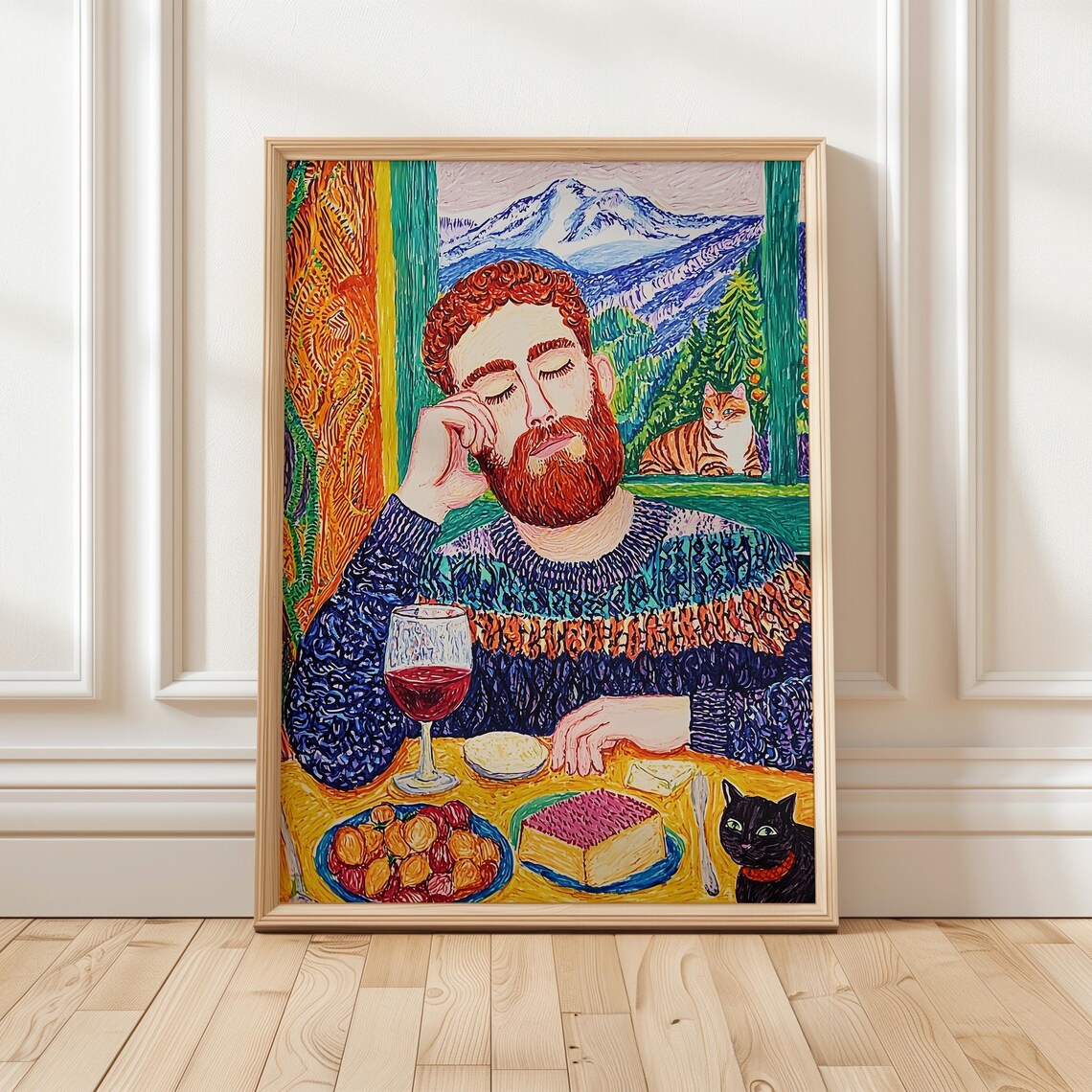 Van Gogh Style Bearded Man with Wine Cats Mountain Scene Poster
