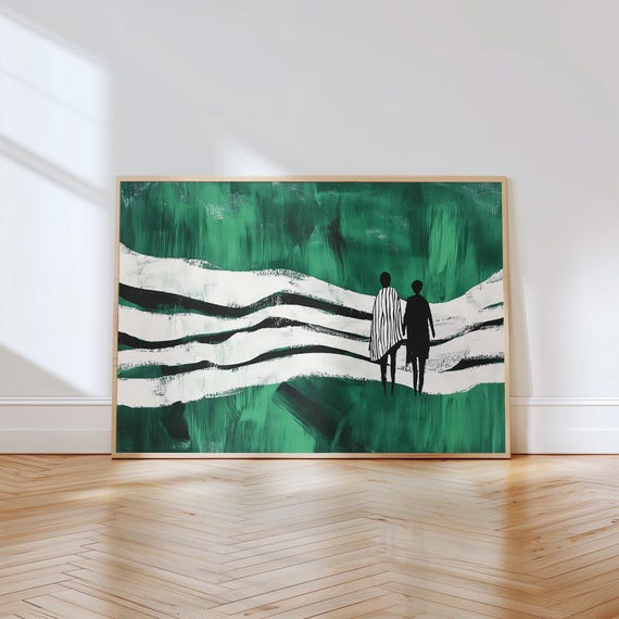 Abstract Silhouette Couple Art Print Modern Minimalist Green Wall Art Landscape Home Decor Bold Black White Figures Contemporary Art