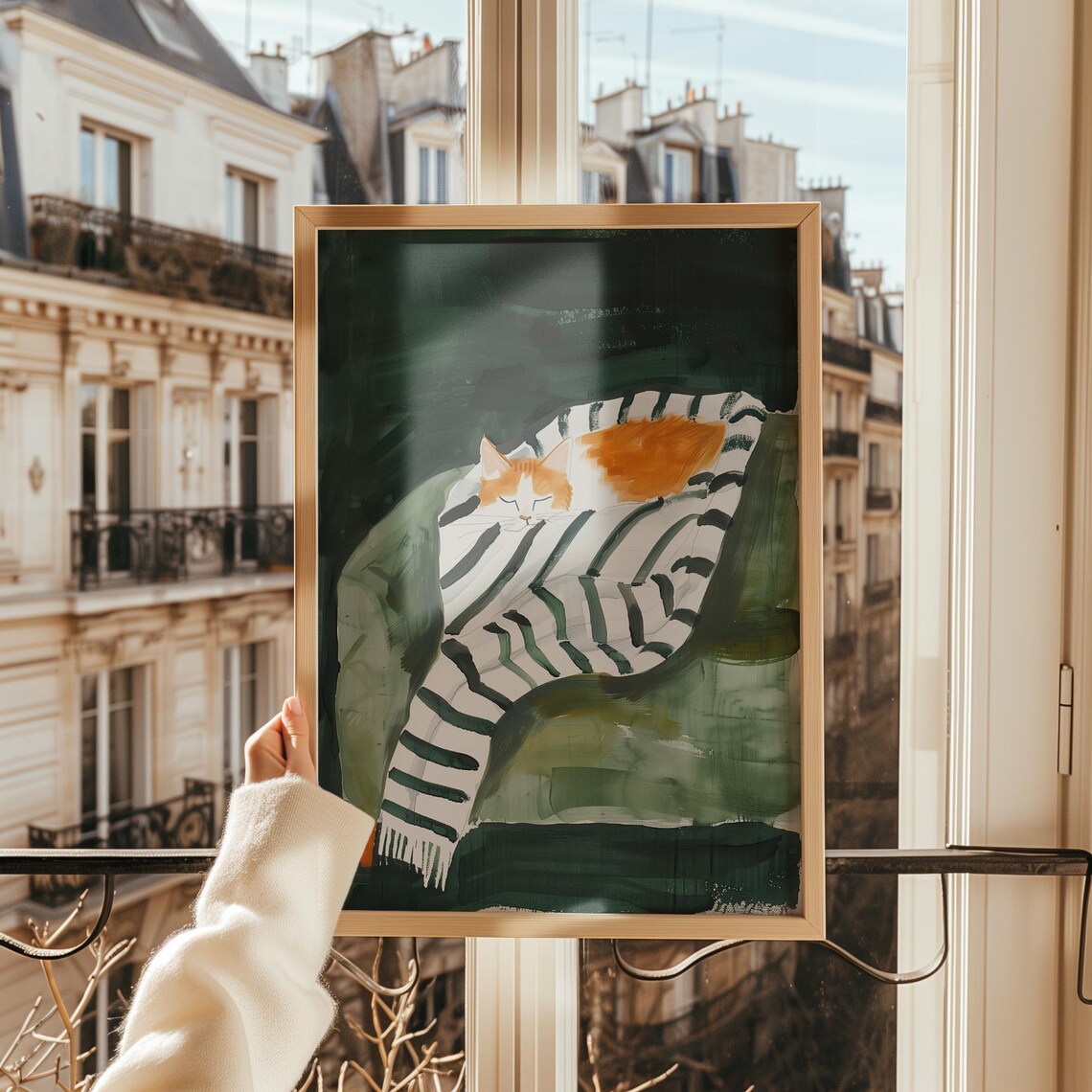 Sleeping Ginger And White Cat Curled On Striped Blanket Dark Green Art Poster - Image 2