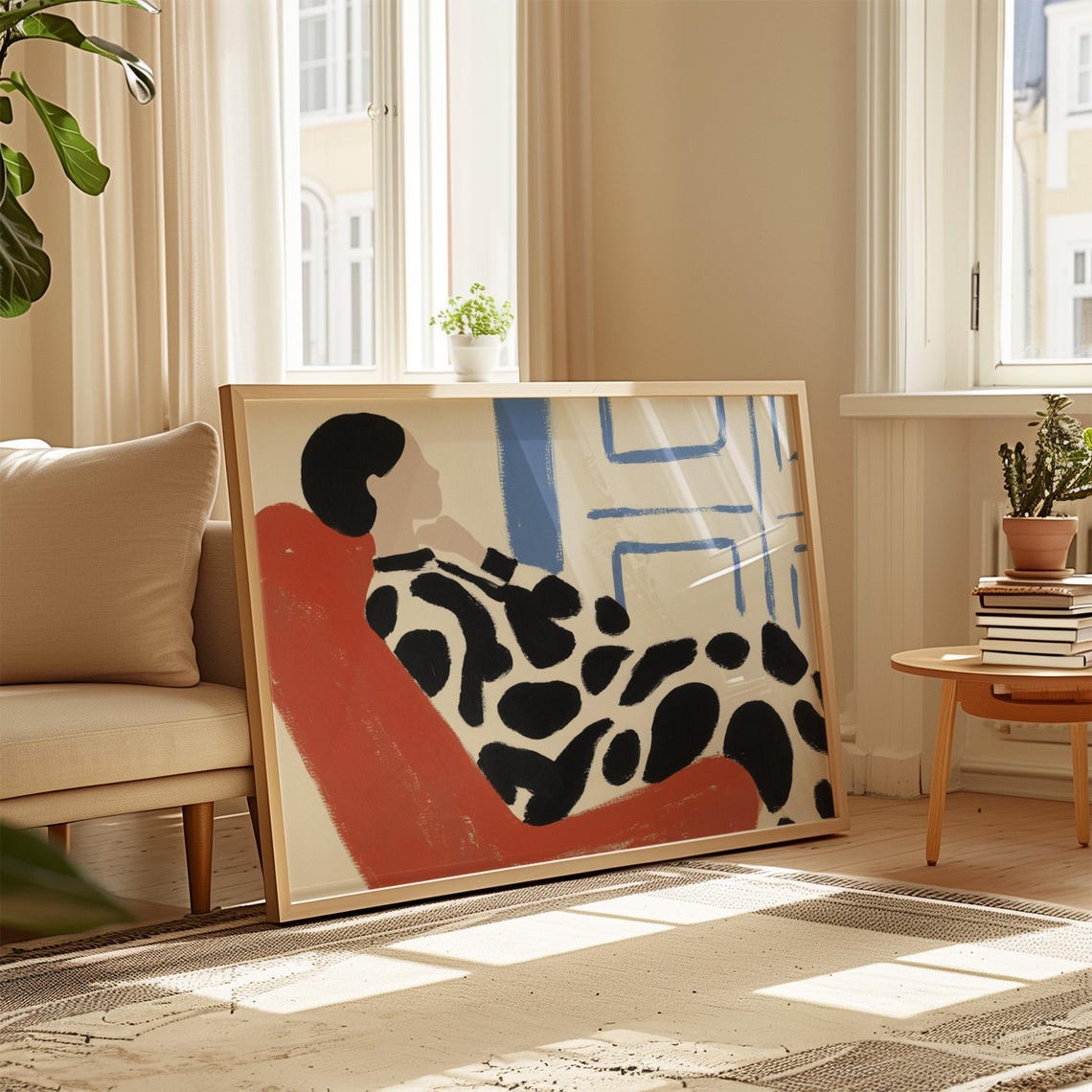 Abstract Woman In Red Chair Modern Minimalist Black And White Art Bold Blue Accents Contemporary Artwork Stylish Wall Decor - Image 3