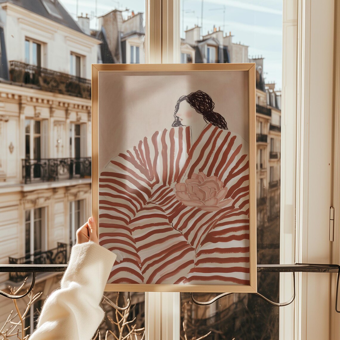 Woman in Rust Striped Dress Holding Pink Peony Floral Art Poster - Image 3
